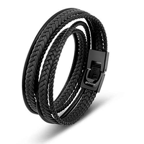 SERASAR 40cm Negro Pulsera de Cuero Hombre Chico Pulseras Hombres Brazalete Brazaletes Pulso Muñequera Muñequeras Bisuteria Bisutería Joyeria Nudos Cuerda Cuerdas Bracelet Jewellery Unisex Ancha