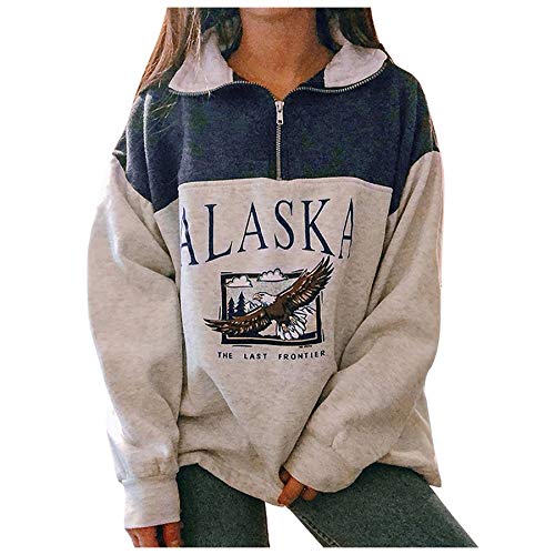 skiyy Sudadera para Mujer Alaska Letra Impresión Suelta Casual Manga Larga Hip Hop Alto Cuello Redondo Cremallera Águila Gráfico Jerseys Pullover Blouse Tops 2021 (Azul, 3XL)