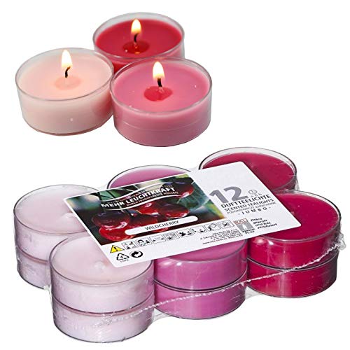 Smart-Planet® - Juego de Velas aromáticas (12 Unidades, Aroma de Cerezo Salvaje, Funda Transparente, 8 Horas de combustión)