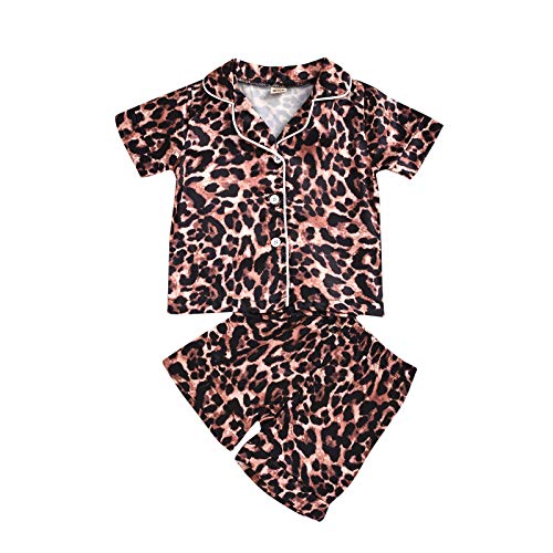 Soolike Pijamas De Bebe Dos Piezas，Pijamas De Bebe y Niño，Pijamas De Bebe Verano，Top De Botones De Manga Corta con Cuello Cuadrado y Estampado De Leopardo + Shorts con Estampado De Leopardo