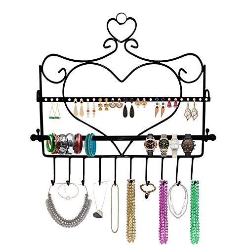 Soporte para Joyas - Expositor Forma de Corazón 10 Ganchos y 28 Agujeros - Soporte Negro para Joyas de Pared - 34cm de Ancho x 35cm de Alto - con Barra Desmontable para Pulseras y Brazaletes