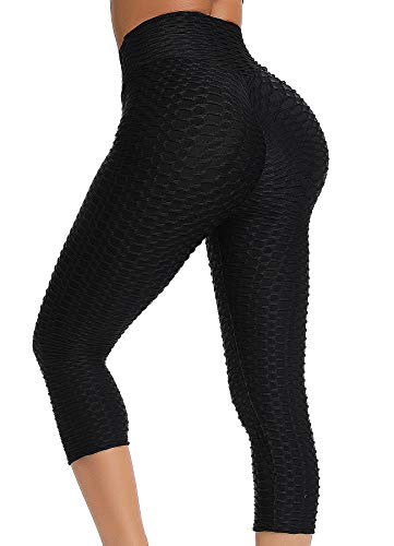 STARBILD Mallas 3/4 Leggings Pántalones Deportivos para Mujer de Alta Cintura Elástico Control de Barriga para Yoga Fitness Gimnasio Negro XL