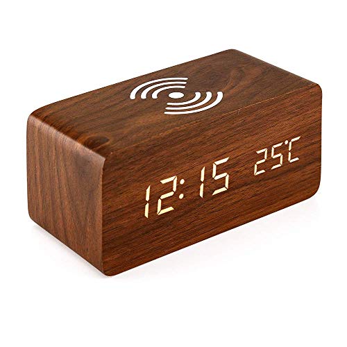 Sucute Despertador para Qi inalámbrico, con almohadilla de carga inalámbrica y pantalla LED de madera, reloj digital, función de control de sonido, hora, indicador de temperatura para oficina