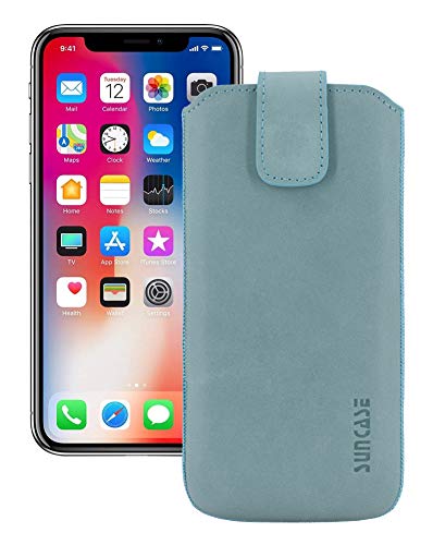 Suncase Funda de piel para iPhone XR de 6,1 pulgadas con funda transparente adicional, carcasa de silicona con pestaña retráctil y cierre magnético, color turquesa envejecido