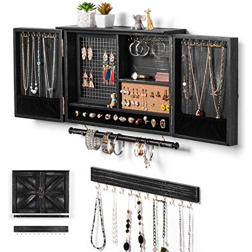 Sunix Organizador de joyas rústico, soporte de pared de joyas de malla, soporte de madera para collares, pulseras, pendientes, anillos, accesorios, joyero colgante (negro)