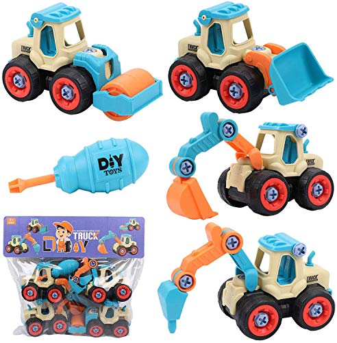 Tacobear 4 Piezas Vehículo de Construcción Juguete Excavadora Montar y Desmontar Juguetes con Destornillador Coches de Friccion Camión de Juguete Cumpleaño Regalos para Niños Niñas (A)