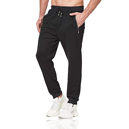 Tansozer Pantalones de deporte largos para hombre, de algodón, con bolsillos con cremallera Negro XXL