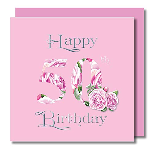 Tarjeta de felicitación de cumpleaños – Edad cincuenta (50 años) – Roberto Capucci Rose – Rosa – Texto en relieve plateado – Interior en blanco