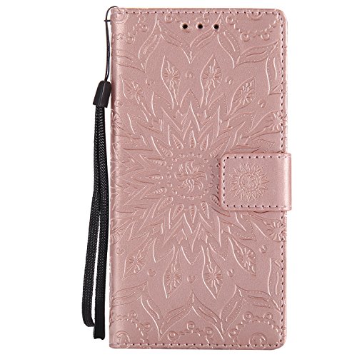 Tiga Shopping Funda Nokia 3 Flip PU Cuero Caso Sol Patrón en Relieve/Stent/Billetera/con el Sostenedor de Tarjeta/Proteccion Caso Cubrir para Nokia 3(Oro Rosa)