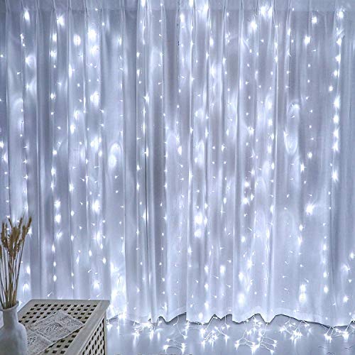 TopHGC TopHGC Luces de cortina de ventana, 3x3m 300 LED Luces de cadena de cortina de ventana 8 modos Música activada a prueba de agua con control remoto (Blanco frío)