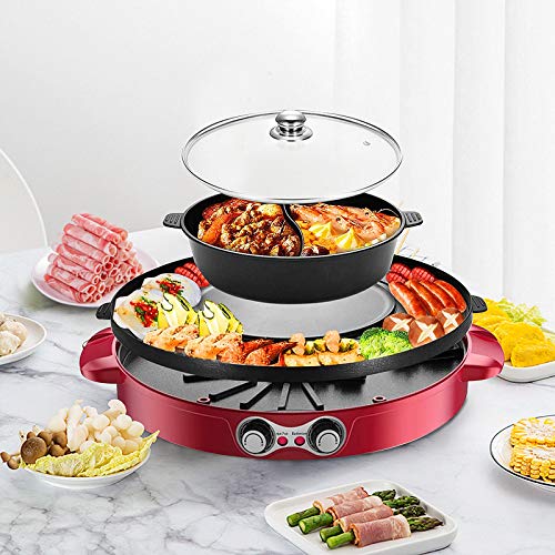 TOPQSC Barbacoa Hot Pot 44cm Separación Doble eléctrica hogar asado Olla Caliente Barbacoa Multifuncional, Sartén Antiadherente Gran Capacidad de Limpieza fácil, para 2-12 Personas Grill