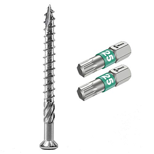 Tornillos para terraza C1 de 5 x 60 de acero T-INOX inoxidable endurecido Torx, incl.2 brocas de acero inoxidable Wera TX 25, tornillos para terraza AISI 410 de acero martensítico