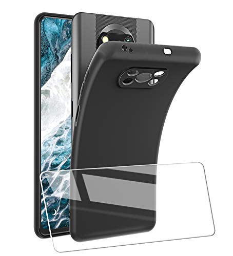 UCMDA Funda para Poco X3 NFC + Protector de Pantalla, Silicona Funda Suave TPU Transparente, Resistente Anti-Arañazos Absorción de Golpes Protectora Case Cover para Xiaomi Poco X3 NFC(Negro)