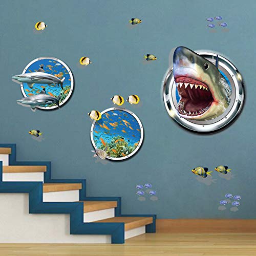 ufengke Pegatinas de Pared Tiburón 3D Vinilos Adhesivas Pared Pescado Bajo el Mar para Dormitorio Habitación Infantiles Niños Sala de Estar