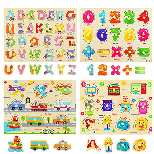 Ulikey 4 Piezas Puzzle de Madera Letras Número Vehículo Mueble, Rompecabezas Madera Aprendizaje Temprano Juego Educativo Juguetes Educativos Montessori Juego de Regalo para Niños Niñas (Número Letras)