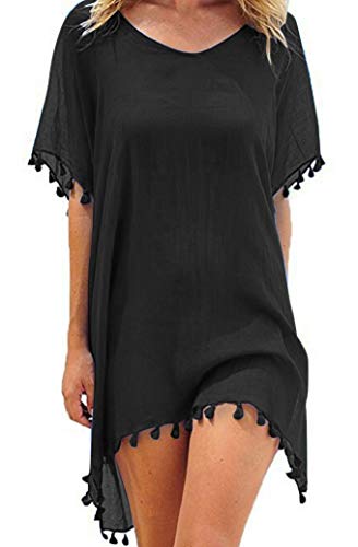 UMIPUBO Mujer Ropa de Baño Suelto Vestido de Playa Borla Verano Camisolas y Pareos Transparente Bikini Cover up (Negro)