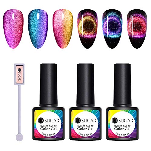 UR SUGAR 7,5ml Cat Magnético Gel 9D Esmaltes Semipermanentes Uñas Ojo de Gato Camaleón 3pcs + 1pc Imán (Base Negra Necesaria)