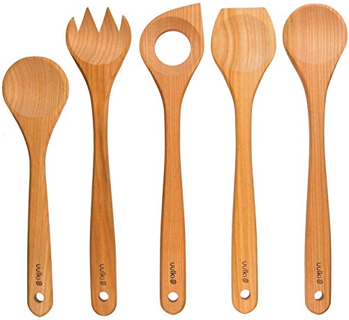 Uulki® 5 piezas Set de Cucharas de Cocina de Madera de cereza engrasado - Utensilios ecológicos Hecho en Europa