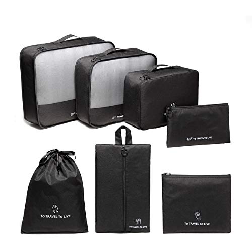 VASCHY Organizador Zapatos,7 en 1 Set Organizador de Maletas Bolsas de Equipaje Cubos de Embalaje Viaje Bolsas de Almacenamiento para Ropa Zapatos Cosméticos Negro