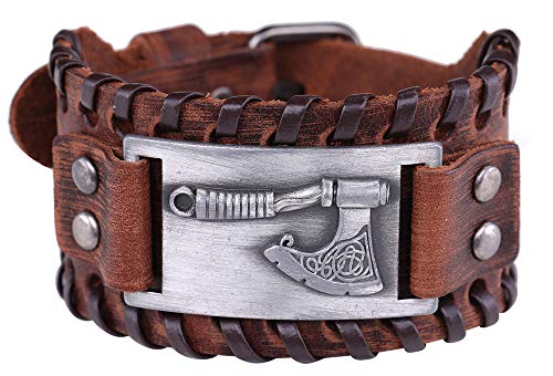 VASSAGO Amuleto Vintage Nordic Eslavic Myth Axe of Perun Irish Knot Cuff Metal Conector Pulsera de cuero marrón para hombres y mujeres