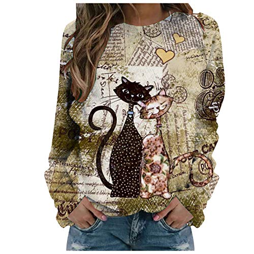 VEMOW Blusas y Camisas de Mujer Manga Larga, Linda Estampado Gato Delfín Primavera Otoño Elegante Camisa Camiseta Larga Sudadera Casual Cuello Redondo Top Túnica Tops Jersey Largo(B Amarillo,L)