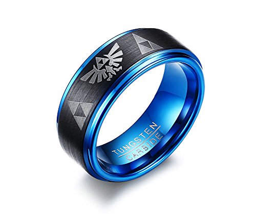 VNOX Anillo de Banda de Carburo de Tungsteno para Hombre de 8mm La Leyenda de Zelda Anillo de Compromiso de Boda Triforce con Acabado Mate,Negro Azul