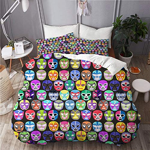 WINCAN Juego De Ropa De Cama 3 Piezas,Máscara De Luchador Luchador Establece Patrones Sin Fisuras,Amigable con La Piel 1* Funda De Edredón 140 X 200cm 2* Funda De Almohada 50x80cm