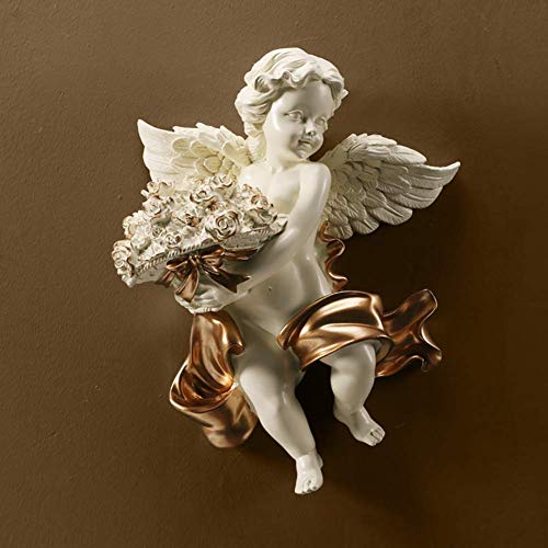 WLVG Esculturas para Colgar en la Pared de Cupido de ángel Infantil, decoración del hogar, Adornos artísticos en 3D, Figuras coleccionables de Boda, sostenga la Flor, querubín, estatuas de jardín