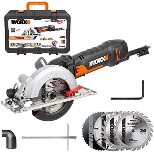 WORX WX439.2 - Sierra circular sin cable, guía paralela circular de hoja TCT 24T, diámetro de hoja 120 mm, capacidad de corte máxima 46 mm, carga rápida