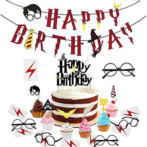 xingqiwu Artículos de Fiesta para Harry Potter: Pancarta de Feliz cumpleaños Primeros para Cupcakes inspirados en Harry Potter, Gafas de Mago y Tatuajes (Juego de 29)