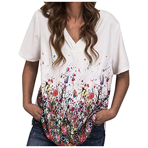 YANFANG Camiseta con Estampado De Posicionamiento Floral Manga Corta Cuello En V Y Moda Casual para Mujer,Tops Sueltos Larga Casuales,Amarillo, Azul, Blanco