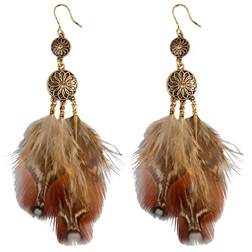 YAZILIND Mujeres Vintage Boho cuelgan los pendientes del gancho de la gota Ligero Pluma Cobre Retro Étnico personalizado oído declaración marrón