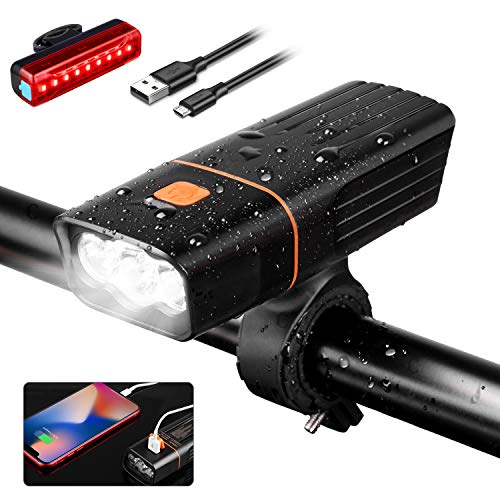 YISSVIC Luz Bicicleta Delantera Linterna Bicicleta con Luz Trasera 5200mAh 3 Modos Ajustables Recargable USB IPX5 Impermeable para Todas Las Bicicletas