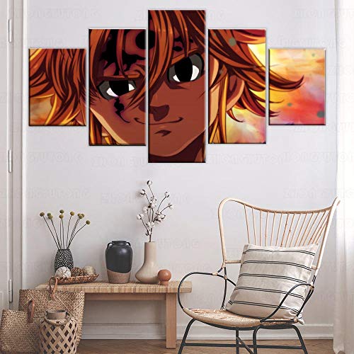 YOPLLL 5 Piezas Lienzo Grandes XXL Murales Pared Hogar Pasillo Decor Arte Pared Abstracto HD Impresión Foto Anime Los Siete Pecados Capitales 150X 80Cm(Enmarcado)