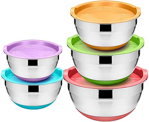 YUNLAN Mixing Bowls Conjunto de 5 con tapas, y de silicona junto Escala Marcas Fácil de limpiar el acero inoxidable de la jerarquización de metal cuencos 4-3.5-2.5-2-1.5 QT for ahorro de espacio cuenc