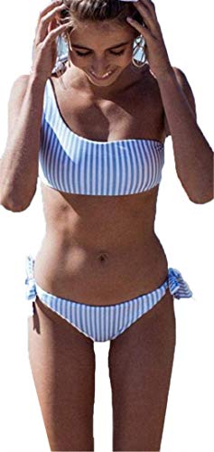 Yutdeng Conjunto de Bikini de Un Hombro Mujer Traje de Baño Rayas Brasileños Trajes de 2 Piezas Halter Push Up Bikini Sexy Bandeau Cover up Ropa de Playa