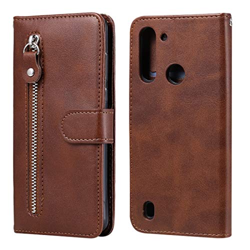 YXCY Flip Funda de Cuero con Soporte y Las Ranuras for Tarjeta y función Monedero AYYD for Motorola Moto G-8 Potencia Lite Moda Becerro de la Textura de la Cremallera Horizontal (Color : Brown)