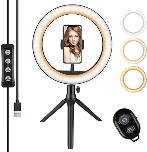 Zacro 10 Pulgadas LED Anillo de Luz Trípode, Control Remoto Bluetooth, 3 Modos de Luz 10 Brillos Regulables, Soporte para Selfie Almacenable, Ring Light LED para Transmisión en Vivo, Movil, Selfie