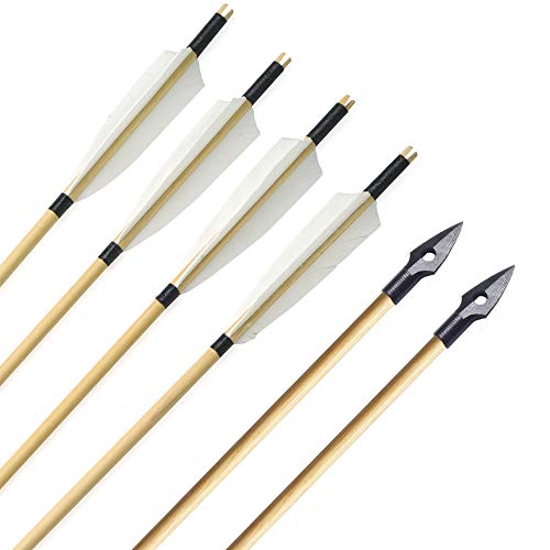 ZSHJG 6pcs Tiro al Arco Flechas de Madera Plumas de Pavo Tradicional Flechas de Madera del Eje Caza Flechas de Destino con Punta de Flecha para Arco Largo de Arco Recurvo (Tipo 2)