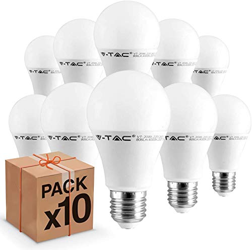 10 bombillas LED V-Tac E27 de 9 W, bombilla A60-806 lúmenes, 2700 K, 4000 K, 6400 K (blanco natural) [Clase de eficiencia energética A+]