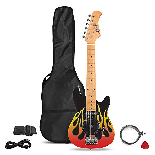Academy of Music TY6016B - Juego de guitarra eléctrica infantil para principiantes con amplificador integrado y accesorios, llamas