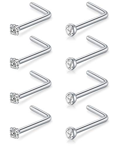 AceFun 8 Piezas 18G 1.0mm Nariz Stud Forma L Acero quirúrgico Piercing Nariz de aro Cristal 1.5mm