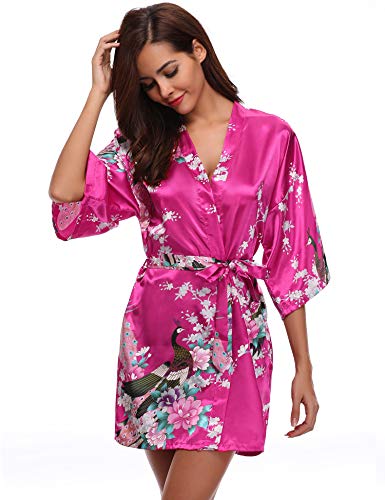 Aibrou Kimono Mujer Novia Bata Corto Sexy y Elegante con Pavo & Flores Pijamas Albornozes Camison Mujer Suave,Cómodo,Sedoso y Agradable