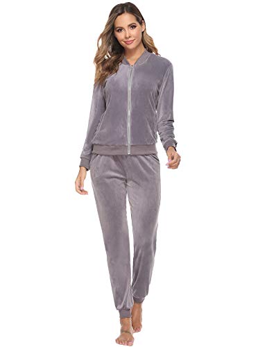 Akalnny Chándal Conjunto Mujer de Terciopelo Informal Pijamas Trajes Chaquetas de Manga Larga con Cremallera + Pantalones de Cintura Alta Gris