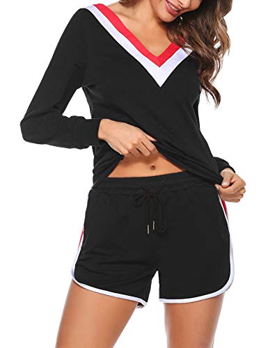 Akalnny Ropa deportiva de Algodón para Mujer de Verano Camiseta de Manga Larga con Cuello en V para Mujeres + Pantalones Cortos a Rayas Ropa Deportiva, Trajes Casuales con Bolsillos（negro,M）