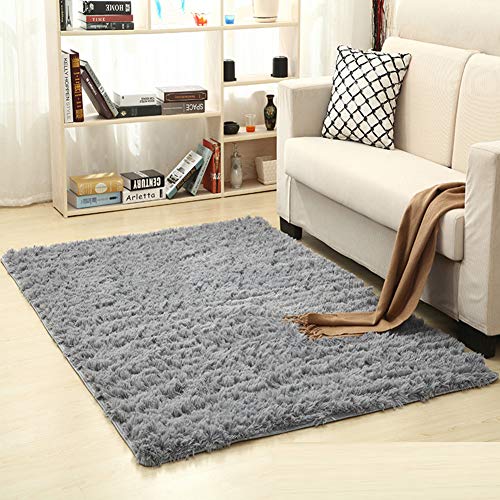 Alfombra de Pelo Largo y Esponjoso para Dormitorio Alfombras Salón Modernas de Color Sólido Alfombra Rectangular de Felpa Suave para Niño Play Gris-Plata 160X250CM