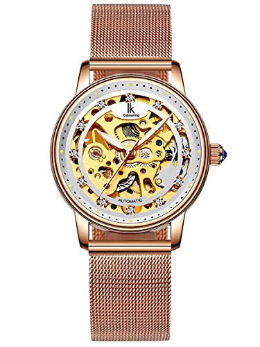 Alienwork Reloj Automático Mujer Oro Rosa Banda de Malla Metálica Blanco Esqueleto