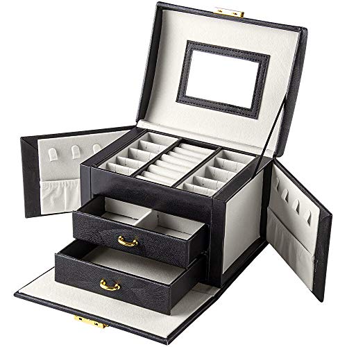 BalladHome Caja Joyero Caja para Joyas Organizador de Joyas con 2 Cajones Caja de joyería con Cerradura y Espejo,Portátil, para Pendientes, Pulseras, Anillos, Regalos Navidad-Negro-S