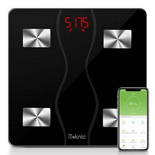 Bascula Baño Báscula Inteligente iTeknic Báscula Grasa Corporal Bluetooth Báscula Digital Persona de Peso Analiza 11 datos BMI Masa Mascular BMR Grasa Visceral APP para Andriod y IOS Batería Incluido