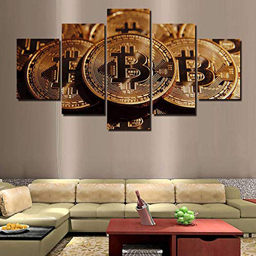 Basilefc 5 Piezas De Decoración Para El Hogar Cuadros Lienzo Impreso Pintura 150X80Cm Moneda De Oro Retro Bitcoin Decor Art - Wall Art Pinturas Al Óleo Cuadros Impresos Marcos De Madera Hogar Sala De